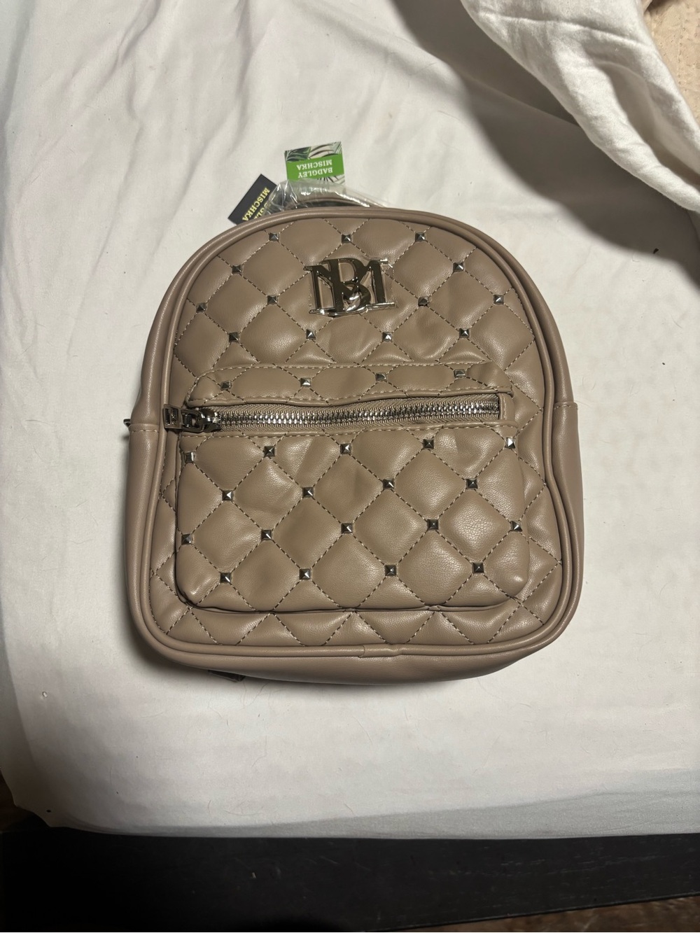 Quilted Mini Backpack Taupe with Metallic Logo